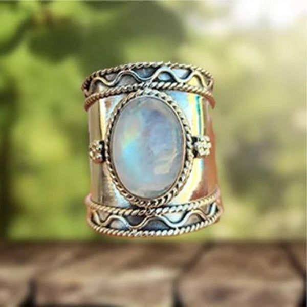 Anillo Ancho de Piedra de Luna Bohemio