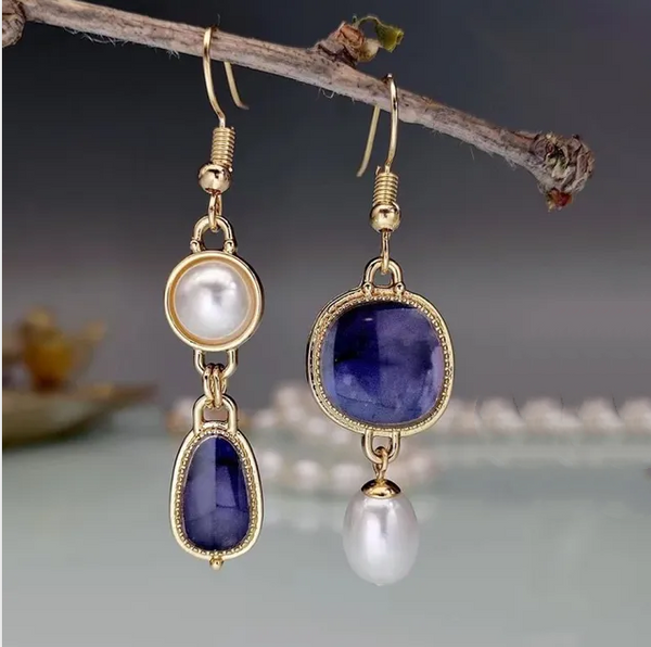 Pendientes de Perla de Piedra Azul Vintage