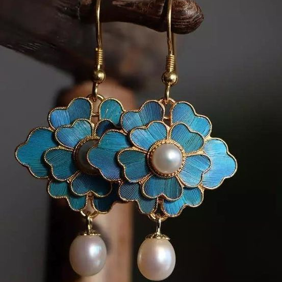 Pendientes Colgantes de Perlas de Loto Azul Vintage
