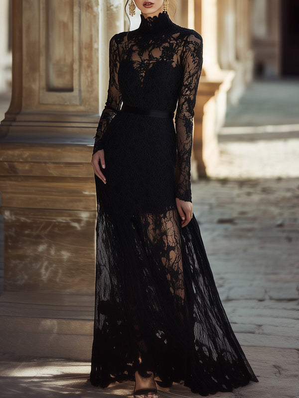 Seraphina – Vestido maxi elegante de encaje negro con cuello alto